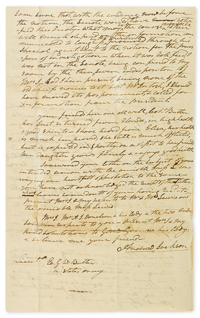 JACKSON, ANDREW. Autograph Letter Signed, as Senator, to Edward G.W. Butler,